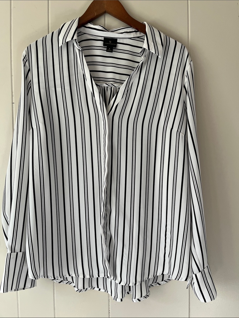Worthington White Button-Front Blouse with Black Vertical Stripes